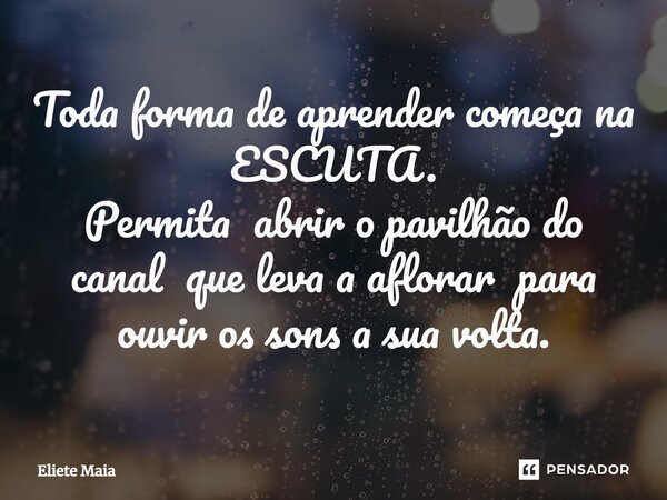 ⁠Toda forma de aprender começa na ESCUTA. Permita abrir o pavilhão do canal que leva a aflorar para ouvir os sons a sua volta.... Frase de Eliete Maia.