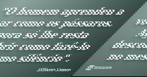 “O homem aprendeu a voar como os pássaros. Agora só lhe resta descobrir como fazê-lo no mesmo silêncio”.... Frase de Eliezer Lemos.