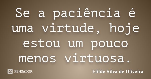 Se a paciência é uma virtude, hoje estou um pouco menos virtuosa.... Frase de Elilde Silva de Oliveira.