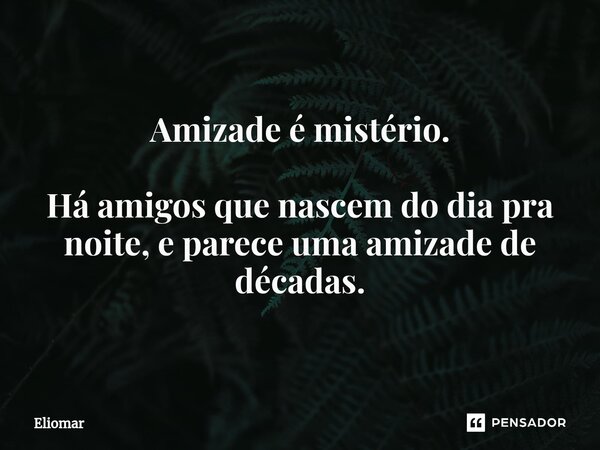 ⁠Amizade é mistério. Há amigos que nascem do dia pra noite, e parece uma amizade de décadas.... Frase de Eliomar.