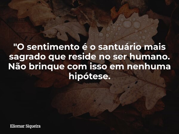 "O sentimento é o santuário mais sagrado que reside no ser humano. Não brinque com isso em nenhuma hipótese.... Frase de Eliomar Siqueira.