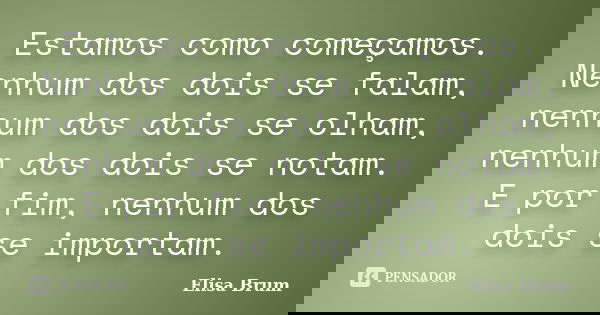 Estamos como começamos. Nenhum dos dois se falam, nenhum dos dois se olham, nenhum dos dois se notam. E por fim, nenhum dos dois se importam.... Frase de Elisa Brum.