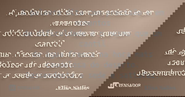 A palavra dita com precisão e em momentos de dificuldade é o mesmo que um cantil de água fresca na hora mais caudalosa do deserto. Dessendenta a sede e satisfaz... Frase de Elisa Salles.