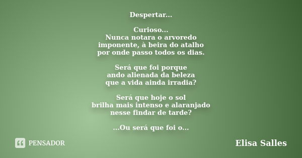 Despertar... Curioso... Nunca notara o arvoredo imponente, à beira do atalho por onde passo todos os dias. Será que foi porque ando alienada da beleza que a vid... Frase de Elisa Salles.