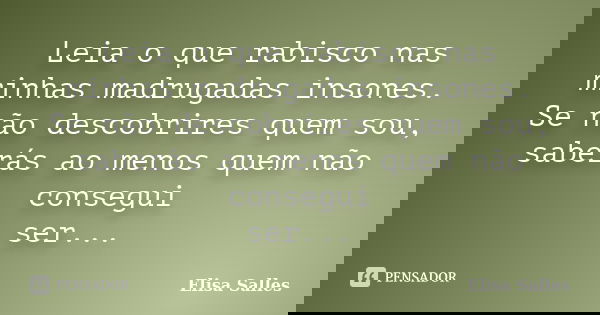 Leia o que rabisco nas minhas madrugadas insones. Se não descobrires quem sou, saberás ao menos quem não consegui ser...... Frase de Elisa Salles.