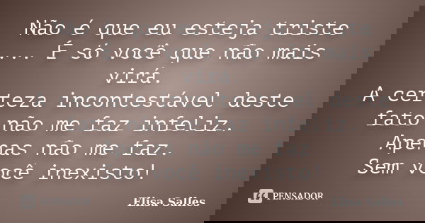 Não é que eu esteja triste ... É só você que não mais virá. A certeza incontestável deste fato não me faz infeliz. Apenas não me faz. Sem você inexisto!... Frase de Elisa Salles.
