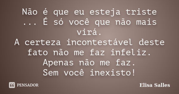 Não é que eu esteja triste ... É só você que não mais virá. A certeza incontestável deste fato não me faz infeliz. Apenas não me faz. Sem você inexisto!... Frase de Elisa Salles.