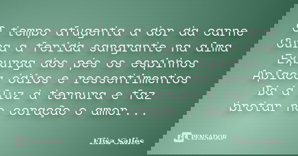 O tempo afugenta a dor da carne Cura a ferida sangrante na alma Expurga dos pés os espinhos Aplaca ódios e ressentimentos Dá á luz à ternura e faz brotar no cor... Frase de Elisa Salles.