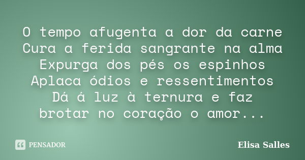 O tempo afugenta a dor da carne Cura a ferida sangrante na alma Expurga dos pés os espinhos Aplaca ódios e ressentimentos Dá á luz à ternura e faz brotar no cor... Frase de Elisa Salles.