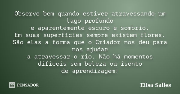 Observe bem quando estiver atravessando um lago profundo e aparentemente escuro e sombrio. Em suas superfícies sempre existem flores. São elas a forma que o Cri... Frase de Elisa Salles.