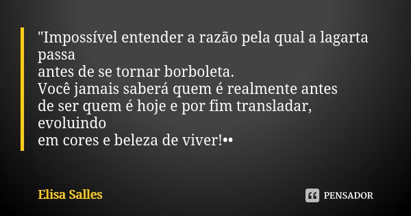 "Impossível entender a razão pela qual a lagarta passa antes de se tornar borboleta. Você jamais saberá quem é realmente antes de ser quem é hoje e por fim... Frase de Elisa Salles.