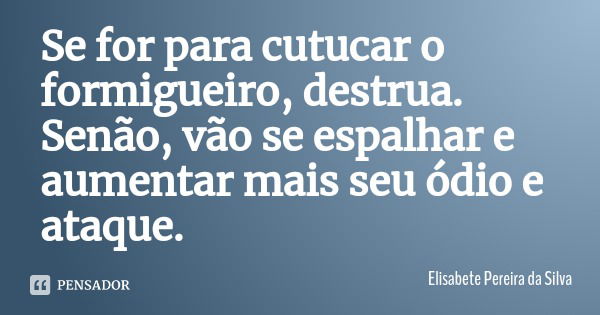 Se for para cutucar o formigueiro, destrua. Senão, vão se espalhar e aumentar mais seu ódio e ataque.... Frase de Elisabete Pereira da Silva.