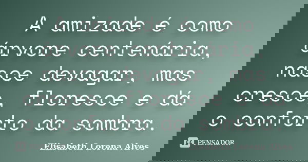 A amizade é como árvore centenária, nasce devagar, mas cresce, floresce e dá o conforto da sombra.... Frase de Elisabeth Lorena Alves.