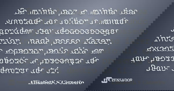Se minha paz e minha boa vontade ao olhar o mundo agridem teu desassossego interior, nada posso fazer, exceto esperar pelo dia em que perceberás a presença de D... Frase de Elisabeth S Carneiro.