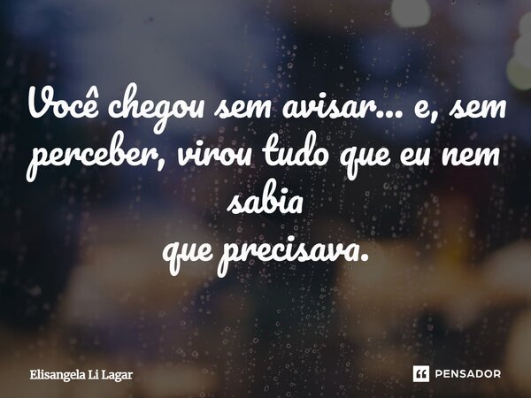 Você chegou sem avisar... e, sem perceber, virou tudo que eu nem sabia que precisava.... Frase de Elisangela li Lagar.