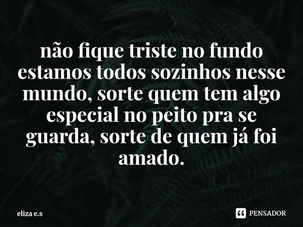 ⁠não fique triste no fundo estamos todos sozinhos nesse mundo, sorte quem tem algo especial no peito pra se guarda, sorte de quem já foi amado.... Frase de eliza e.s.