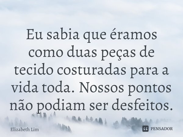 Eu sabia que éramos como duas peças de tecido costuradas para a vida toda. Nossos pontos não podiam ser desfeitos.... Frase de Elizabeth Lim.