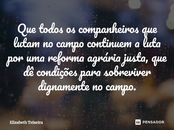 ⁠Que todos os companheiros que lutam no campo continuem a luta por uma reforma agrária justa, que dê condições para sobreviver dignamente no campo.... Frase de Elizabeth Teixeira.