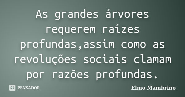 As grandes árvores requerem raízes profundas,assim como as revoluções sociais clamam por razões profundas.... Frase de Elmo Mambrino.