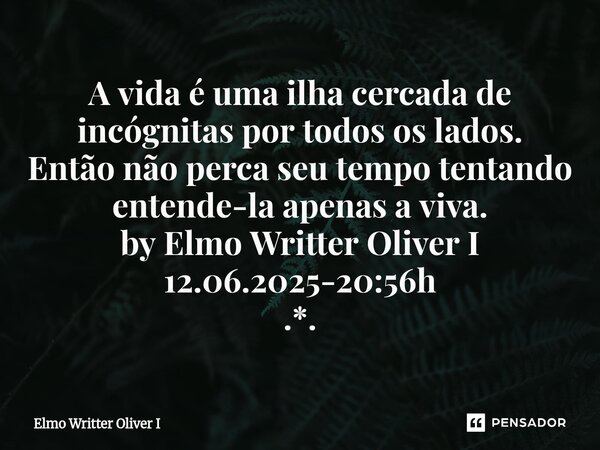 ⁠A vida é uma ilha cercada de incógnitas por todos os lados. Então não perca seu tempo tentando entende-la apenas a viva. by Elmo Writter Oliver I 12.06.2025-20... Frase de Elmo Writter Oliver I.