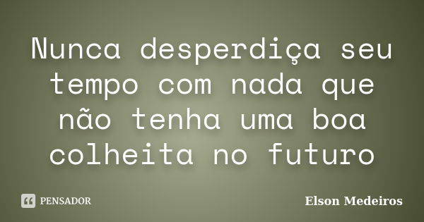 Nunca desperdiça seu tempo com nada que não tenha uma boa colheita no futuro... Frase de Elson Medeiros.