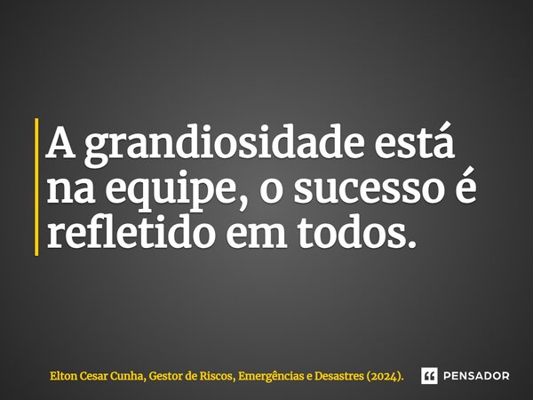 ⁠A grandiosidade está na equipe, o sucesso é refletido em todos.... Frase de Elton Cesar Cunha, Gestor de Riscos, Emergências e Desastres (2024)..