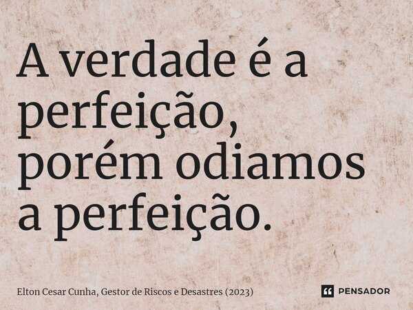 ⁠A verdade é a perfeição, porém odiamos a perfeição.... Frase de Elton Cesar Cunha, Gestor de Riscos e Desastres (2023).