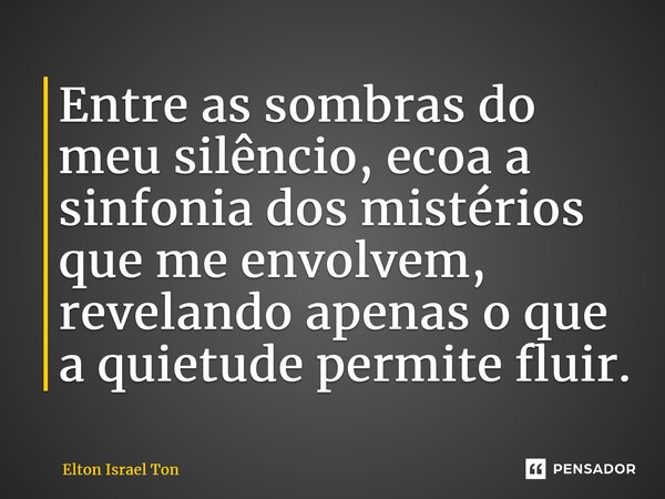 ⁠Entre as sombras do meu silêncio, ecoa a sinfonia dos mistérios que me envolvem, revelando apenas o que a quietude permite fluir.... Frase de Elton ISRAEL Ton.