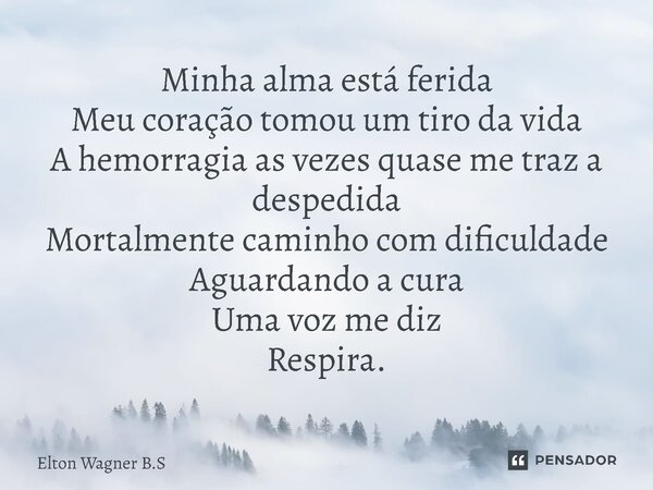 ⁠Minha alma está ferida Meu coração tomou um tiro da vida A hemorragia as vezes quase me traz a despedida Mortalmente caminho com dificuldade Aguardando a cura ... Frase de Elton Wagner B.S.