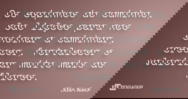 Os espinhos do caminho, são lições para nos ensinar a caminhar, crescer, fortalecer e valorizar muito mais as flores.... Frase de Elza Nack.