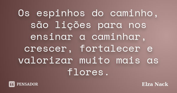 Os espinhos do caminho, são lições para nos ensinar a caminhar, crescer, fortalecer e valorizar muito mais as flores.... Frase de Elza Nack.