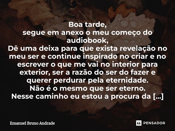 Boa tarde, segue em anexo o meu começo do audiobook, Dê uma deixa para que exista revelação no meu ser e continue inspirado no criar e no escrever o que me vai ... Frase de Emanuel Bruno Andrade.