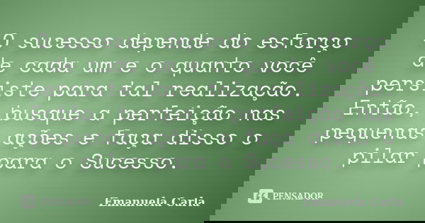 O sucesso depende do esforço de cada um e o quanto você persiste para tal realização. Então, busque a perfeição nas pequenas ações e faça disso o pilar para o S... Frase de Emanuela Carla.