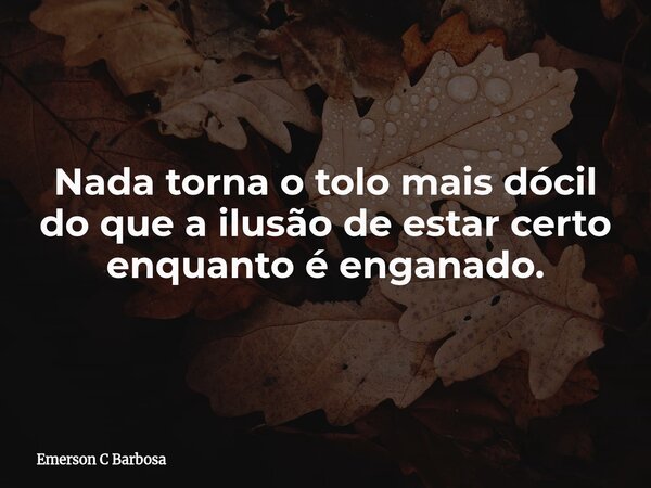 Nada torna o tolo mais dócil do que a ilusão de estar certo enquanto é enganado.... Frase de Emerson C Barbosa.