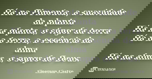 Há na Pimenta, a suavidade da planta Há na planta, o vigor da terra Há na terra, a essência da alma Há na alma, o sopro de Deus.... Frase de Emerson Castro.
