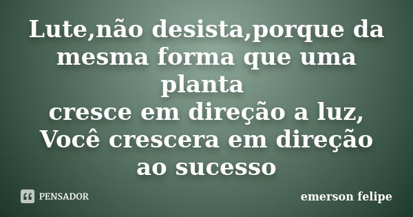 Lute,não desista,porque da mesma forma que uma planta cresce em direção a luz, Você crescera em direção ao sucesso... Frase de Emerson Felipe.