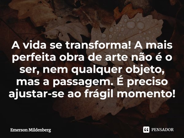 ⁠A vida se transforma! A mais perfeita obra de arte não é o ser, nem qualquer objeto, mas a passagem. É preciso ajustar-se ao frágil momento!... Frase de Emerson Mildenberg.