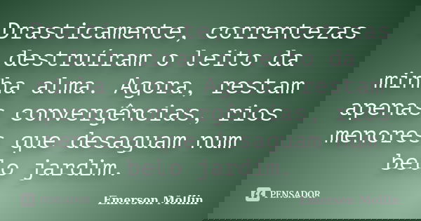 Drasticamente, correntezas destruíram o leito da minha alma. Agora, restam apenas convergências, rios menores que desaguam num belo jardim.... Frase de Emerson Mollin.