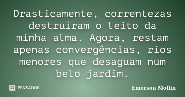 Drasticamente, correntezas destruíram o leito da minha alma. Agora, restam apenas convergências, rios menores que desaguam num belo jardim.... Frase de Emerson Mollin.