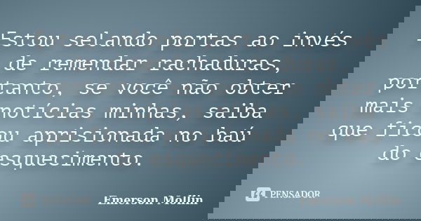 Estou selando portas ao invés de remendar rachaduras, portanto, se você não obter mais notícias minhas, saiba que ficou aprisionada no baú do esquecimento.... Frase de Emerson Mollin.
