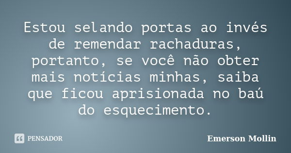 Estou selando portas ao invés de remendar rachaduras, portanto, se você não obter mais notícias minhas, saiba que ficou aprisionada no baú do esquecimento.... Frase de Emerson Mollin.