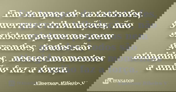 Em tempos de catastrofes, guerras e tribulações, não existem pequenos nem grandes, todos são atingidos, nesses momentos a união faz a força.... Frase de Emerson Ribeiro V.