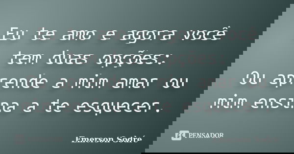 Eu te amo e agora você tem duas opções: Ou aprende a mim amar ou mim ensina a te esquecer.... Frase de Emerson Sodré.