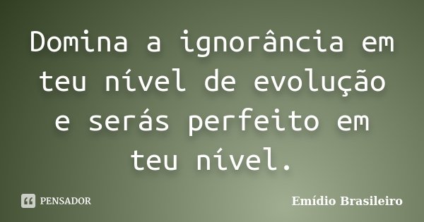 Domina a ignorância em teu nível de evolução e serás perfeito em teu nível.... Frase de Emídio Brasileiro.