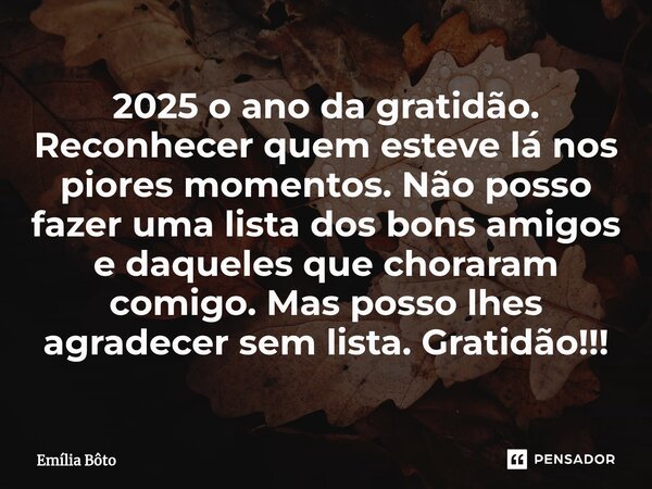 ⁠2025 o ano da gratidão. Reconhecer quem esteve lá nos piores momentos. Não posso fazer uma lista dos bons amigos e daqueles que choraram comigo. Mas posso lhes... Frase de Emília Bôto.