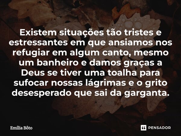 ⁠Existem situações tão tristes e estressantes em que ansiamos nos refugiar em algum canto, mesmo um banheiro e damos graças a Deus se tiver uma toalha para sufo... Frase de Emília Bôto.