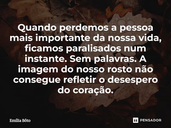 ⁠Quando perdemos a pessoa mais importante da nossa vida, ficamos paralisados num instante. Sem palavras. A imagem do nosso rosto não consegue refletir o desespe... Frase de Emília Bôto.
