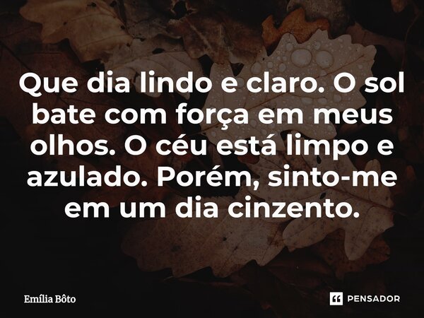 Que dia lindo e claro. O sol bate com força em meus olhos. O céu está limpo e azulado. Porém, sinto-me em um dia cinzento.... Frase de Emília Bôto.