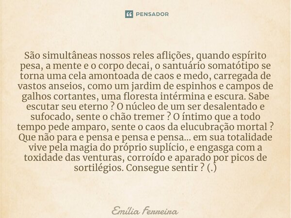 ⁠São simultâneas nossos reles aflições, quando espírito pesa, a mente e o corpo decai, o santuário somatótipo se torna uma cela amontoada de caos e medo, carreg... Frase de Emília Ferreira.