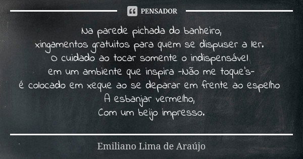 Na parede pichada do banheiro, xingamentos gratuitos para quem se dispuser a ler. O cuidado ao tocar somente o indispensável em um ambiente que inspira -Não me ... Frase de Emiliano Lima de Araújo.